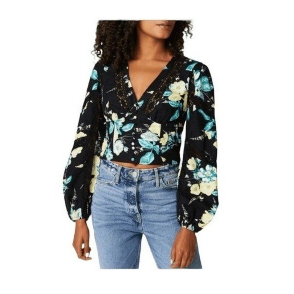 River Island Floral Print Corset Top Black Yellow Lace Trim Long Sleeve 12